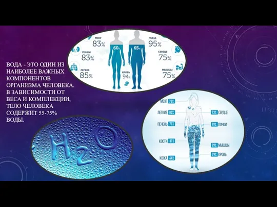 ВОДА - ЭТО ОДИН ИЗ НАИБОЛЕЕ ВАЖНЫХ КОМПОНЕНТОВ ОРГАНИЗМА ЧЕЛОВЕКА. В ЗАВИСИМОСТИ