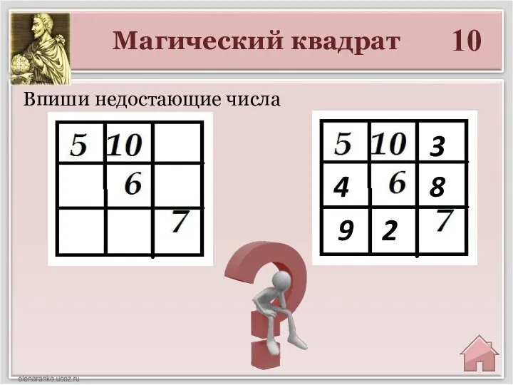 Магический квадрат 10 Впиши недостающие числа 3 9 4 8 2