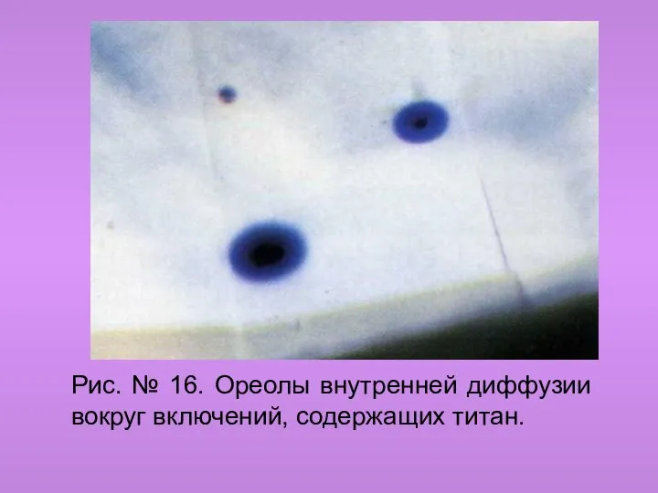 Рис. № 16. Ореолы внутренней диффузии вокруг включений, содержащих титан.