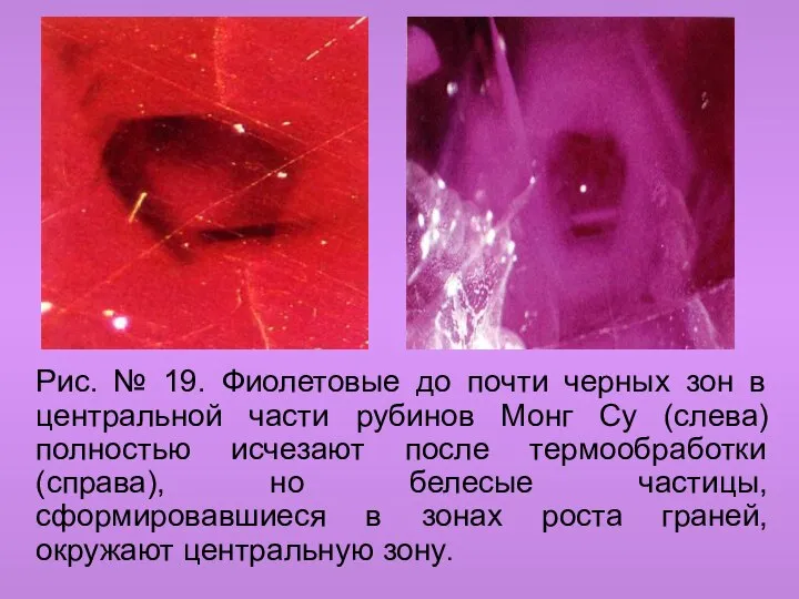 Рис. № 19. Фиолетовые до почти черных зон в центральной части рубинов