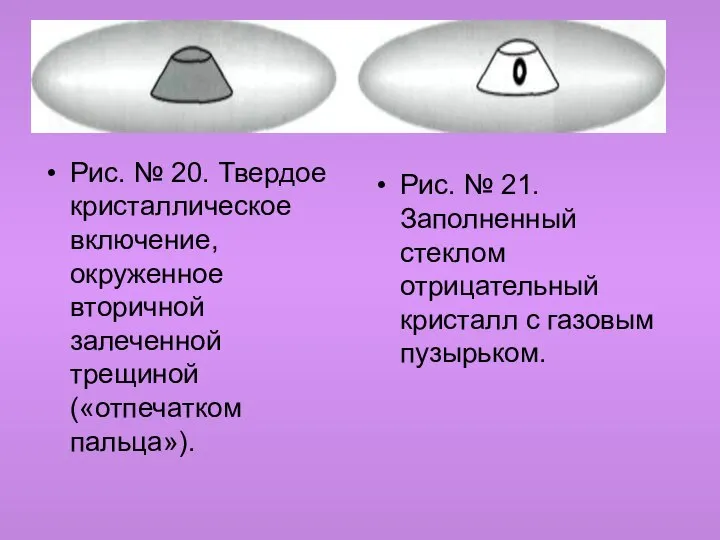 Рис. № 20. Твердое кристаллическое включение, окруженное вторичной залеченной трещиной («отпечатком пальца»).