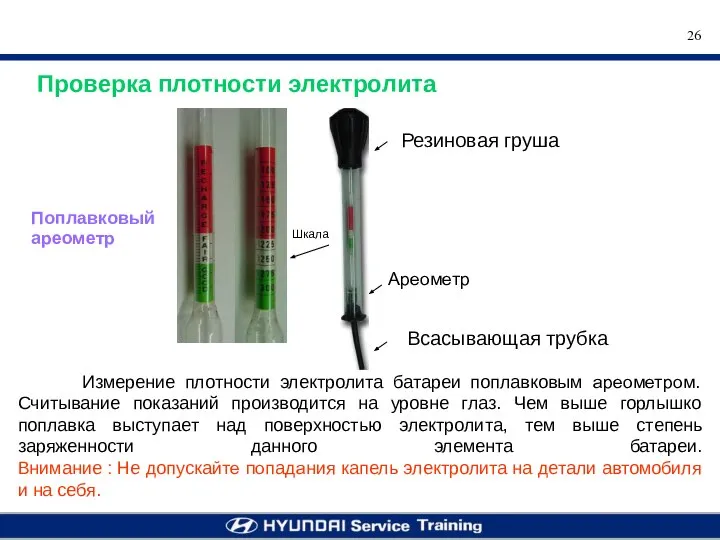 Проверка плотности электролита Измерение плотности электролита батареи поплавковым ареометром. Считывание показаний производится