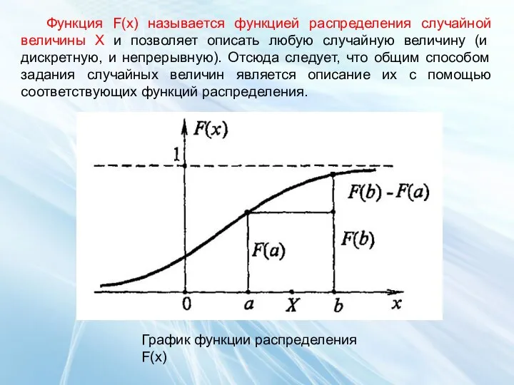 Функция F(x) называется функцией распределения случайной величины X и позволяет описать любую