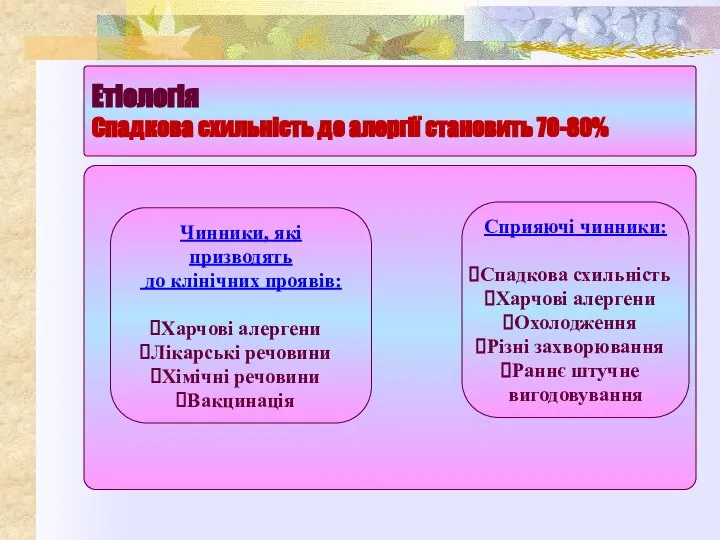 Етіологія Спадкова схильність до алергії становить 70-80% Сприяючі чинники: Спадкова схильність Харчові