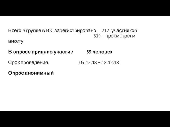 Всего в группе в ВК зарегистрировано 717 участников 619 – просмотрели анкету