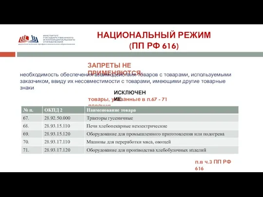 НАЦИОНАЛЬНЫЙ РЕЖИМ (ПП РФ 616) ЗАПРЕТЫ НЕ ПРИМЕНЯЮТСЯ: необходимость обеспечения взаимодействия товаров