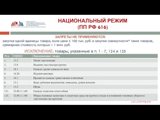 НАЦИОНАЛЬНЫЙ РЕЖИМ (ПП РФ 616) ЗАПРЕТЫ НЕ ПРИМЕНЯЮТСЯ: закупка одной единицы товара,