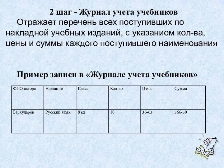 2 шаг - Журнал учета учебников Отражает перечень всех поступивших по накладной