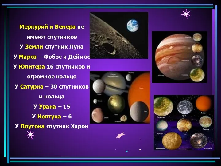 Меркурий и Венера не имеют спутников У Земли спутник Луна У Марса