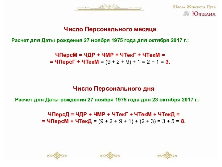 Число Персонального месяца Расчет для Даты рождения 27 ноября 1975 года для