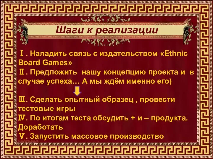 Шаги к реализации Ⅰ. Наладить связь с издательством «Ethnic Board Games» Ⅱ.