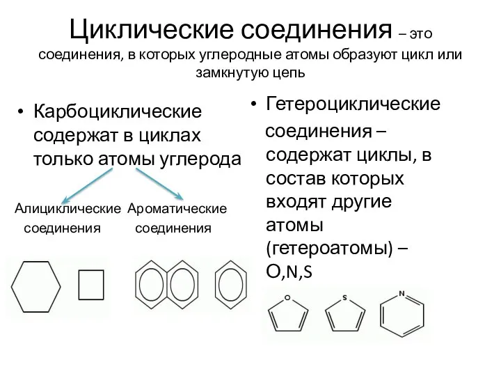 Циклические соединения – это соединения, в которых углеродные атомы образуют цикл или