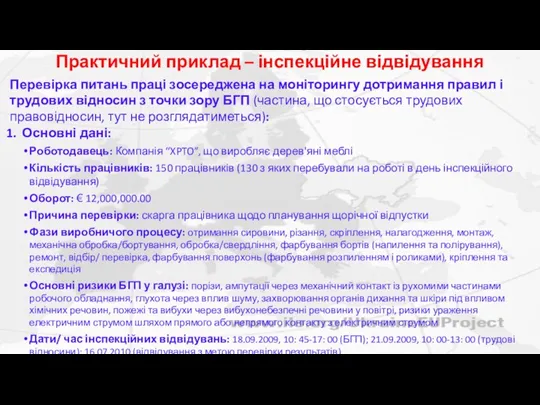 Практичний приклад – інспекційне відвідування Перевірка питань праці зосереджена на моніторингу дотримання