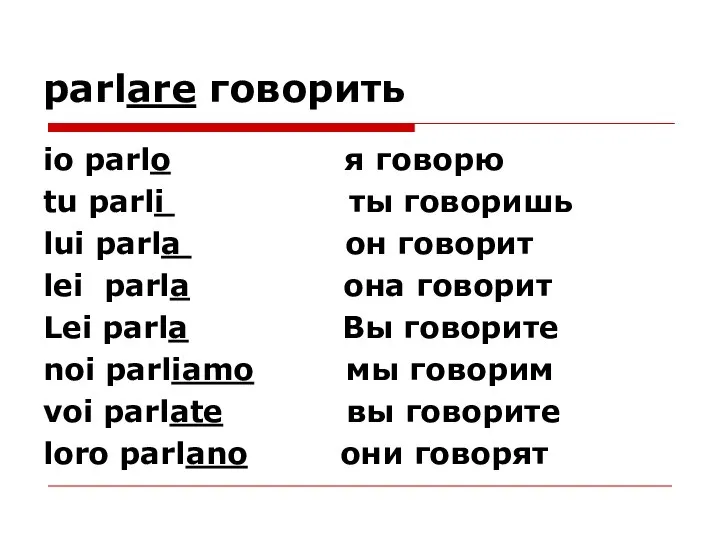 parlare говорить io parlo я говорю tu parli ты говоришь lui parla