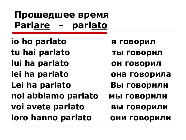 Прошедшее время Parlare - parlato io ho parlato я говорил tu hai