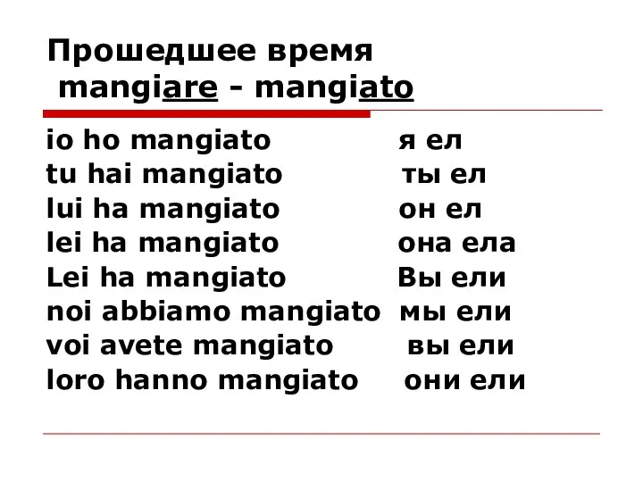 Прошедшее время mangiare - mangiato io ho mangiato я ел tu hai