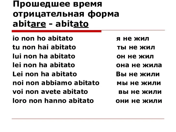 Прошедшее время отрицательная форма abitare - abitato io non ho abitato я