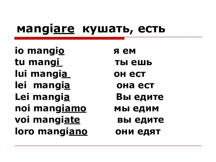 мangiare кушать, есть io mangio я ем tu mangi ты ешь lui