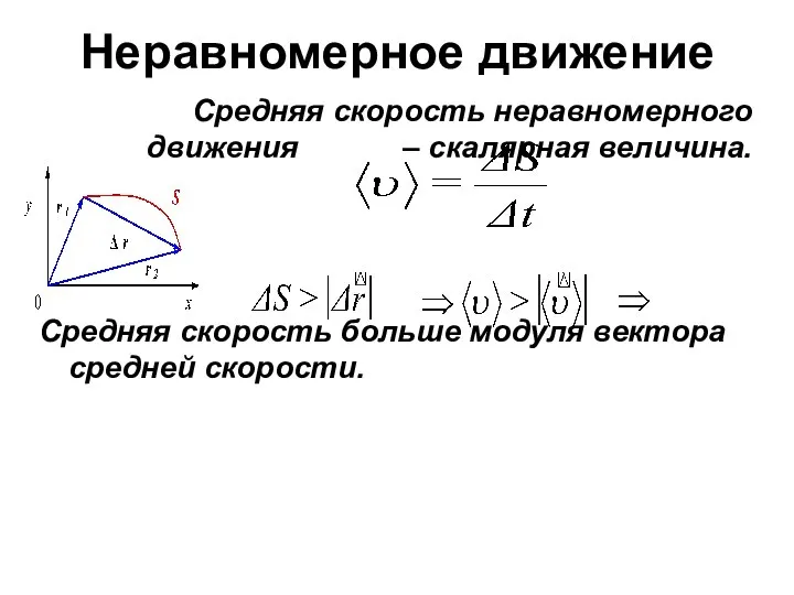 Неравномерное движение Средняя скорость неравномерного движения – скалярная величина. Средняя скорость больше модуля вектора средней скорости.