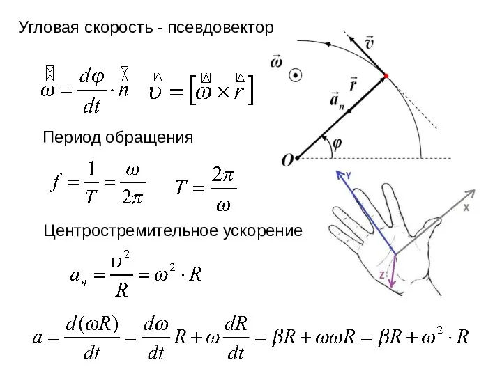 Угловая скорость - псевдовектор Период обращения Частота вращения Центростремительное ускорение