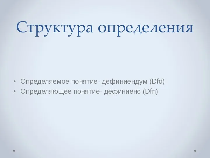 Структура определения Определяемое понятие- дефиниендум (Dfd) Определяющее понятие- дефиниенс (Dfn)