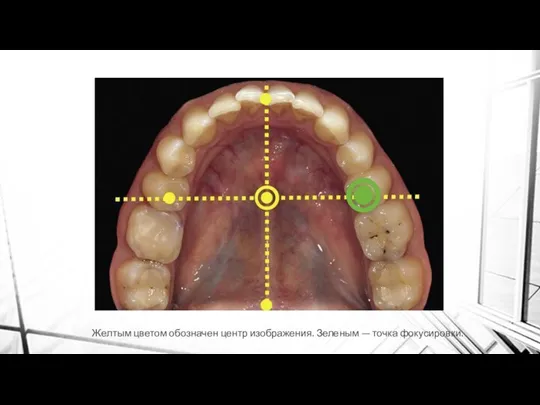 Желтым цветом обозначен центр изображения. Зеленым — точка фокусировки.