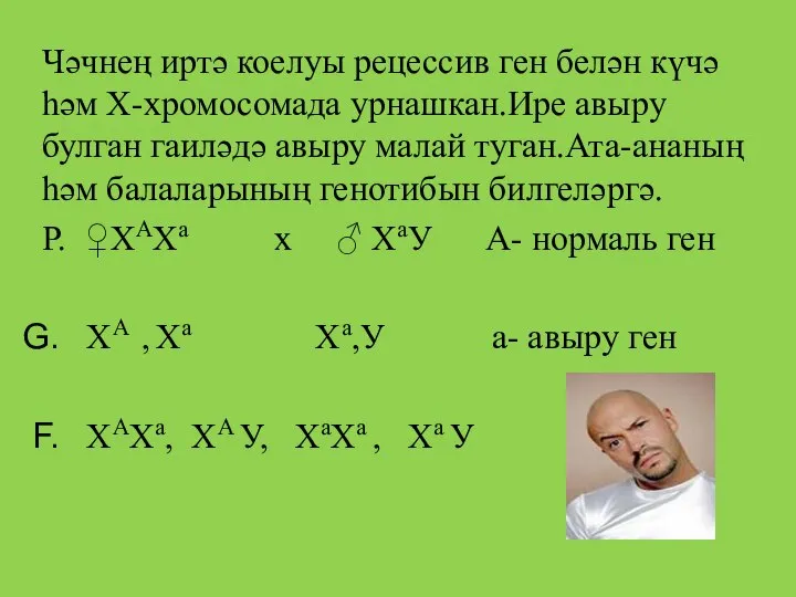 Чәчнең иртә коелуы рецессив ген белән күчә һәм Х-хромосомада урнашкан.Ире авыру булган