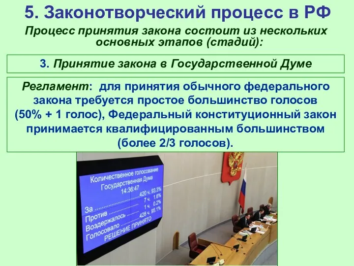 5. Законотворческий процесс в РФ Процесс принятия закона состоит из нескольких основных
