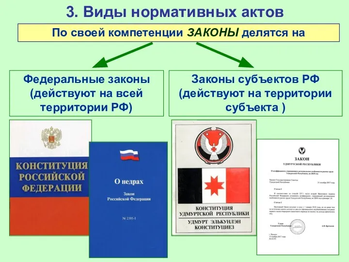 3. Виды нормативных актов По своей компетенции ЗАКОНЫ делятся на Федеральные законы