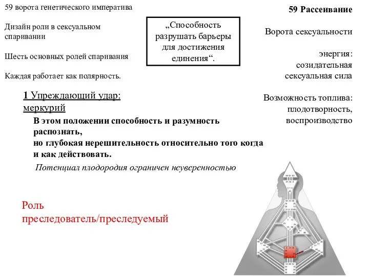 59 Рассеивание Ворота сексуальности энергия: созидательная сексуальная сила Возможность топлива: плодотворность, воспроизводство