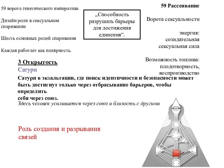 59 Рассеивание Ворота сексуальности энергия: созидательная сексуальная сила Возможность топлива: плодотворность, воспроизводство