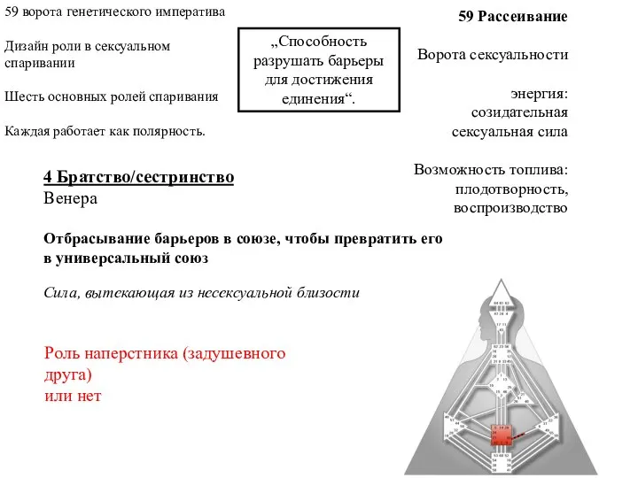 59 Рассеивание Ворота сексуальности энергия: созидательная сексуальная сила Возможность топлива: плодотворность, воспроизводство