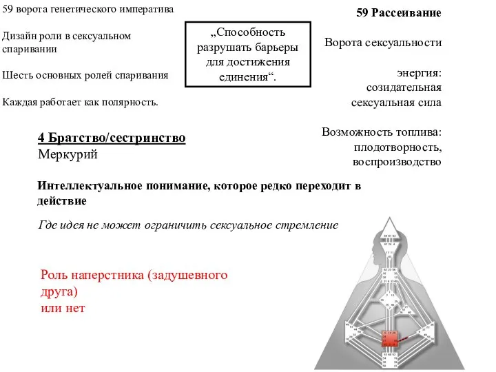 59 Рассеивание Ворота сексуальности энергия: созидательная сексуальная сила Возможность топлива: плодотворность, воспроизводство