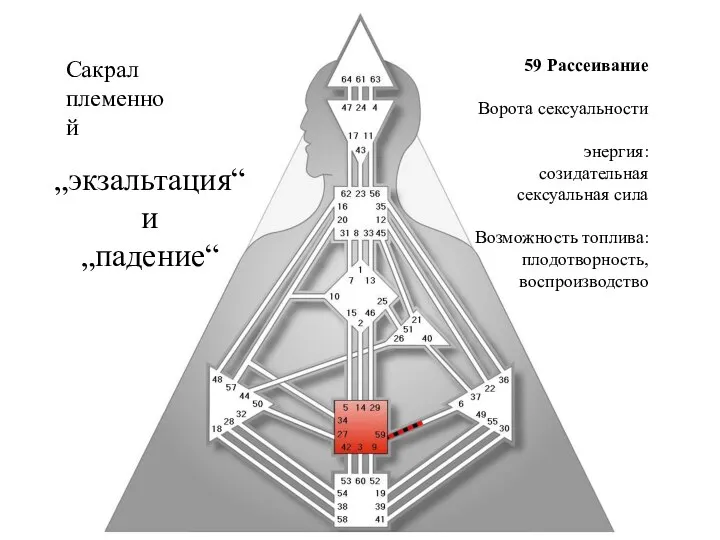 Сакрал племенной 59 Рассеивание Ворота сексуальности энергия: созидательная сексуальная сила Возможность топлива: