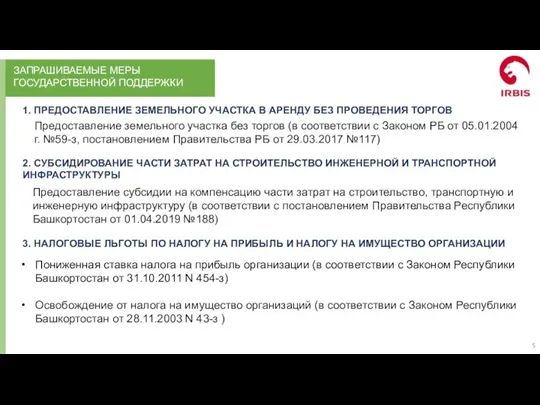 ЗАПРАШИВАЕМЫЕ МЕРЫ ГОСУДАРСТВЕННОЙ ПОДДЕРЖКИ 1. ПРЕДОСТАВЛЕНИЕ ЗЕМЕЛЬНОГО УЧАСТКА В АРЕНДУ БЕЗ ПРОВЕДЕНИЯ