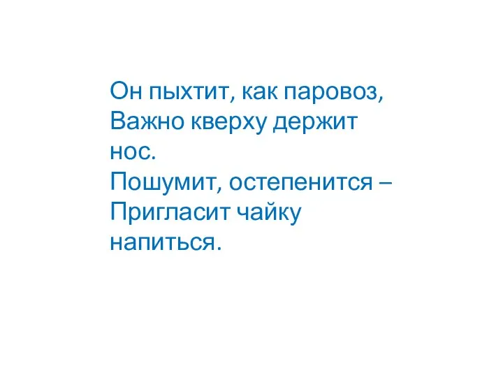 Он пыхтит, как паровоз, Важно кверху держит нос. Пошумит, остепенится – Пригласит чайку напиться.