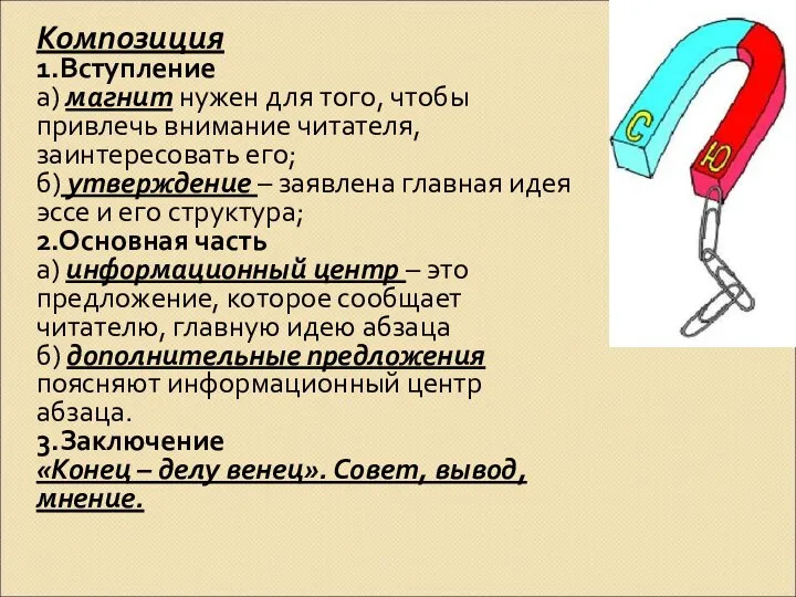 Композиция 1.Вступление а) магнит нужен для того, чтобы привлечь внимание читателя, заинтересовать