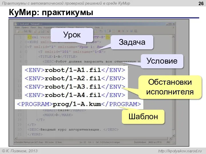 КуМир: практикумы Урок Задача Условие Обстановки исполнителя Шаблон