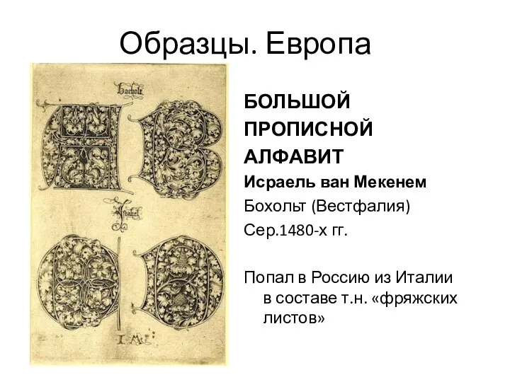 Образцы. Европа БОЛЬШОЙ ПРОПИСНОЙ АЛФАВИТ Исраель ван Мекенем Бохольт (Вестфалия) Сер.1480-х гг.