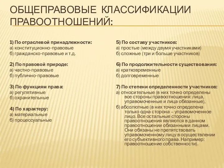 ОБЩЕПРАВОВЫЕ КЛАССИФИКАЦИИ ПРАВООТНОШЕНИЙ: 1) По отраслевой принадлежности: а) конституционно-правовые б) гражданско-правовые и