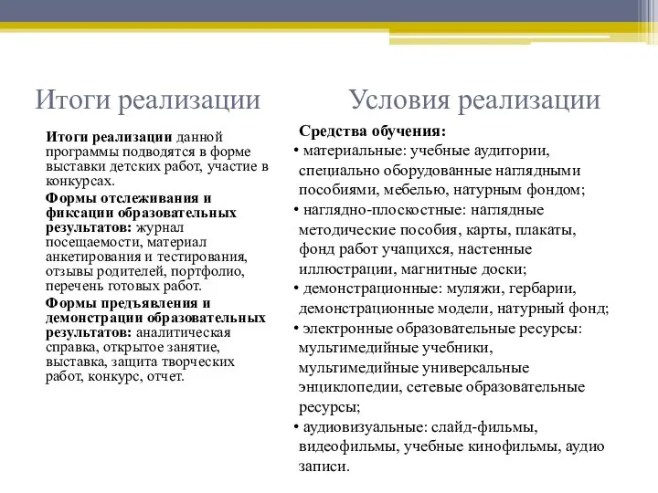 Итоги реализации Условия реализации Итоги реализации данной программы подводятся в форме выставки