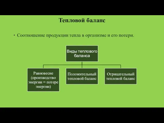 Тепловой баланс Соотношение продукции тепла в организме и его потери.