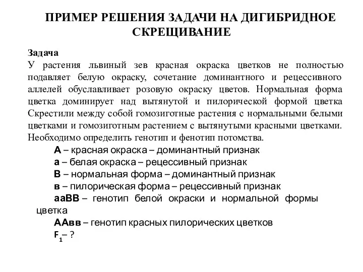 ПРИМЕР РЕШЕНИЯ ЗАДАЧИ НА ДИГИБРИДНОЕ СКРЕЩИВАНИЕ Задача У растения львиный зев красная