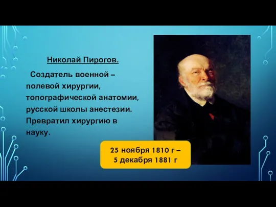 Николай Пирогов. Создатель военной – полевой хирургии, топографической анатомии, русской школы анестезии.