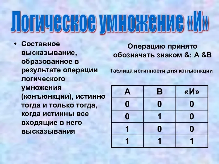 Логическое умножение «И» Составное высказывание, образованное в результате операции логического умножения (конъюнкции),