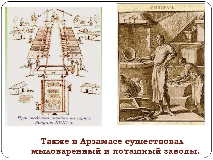 Также в Арзамасе существовал мыловаренный и поташный заводы.