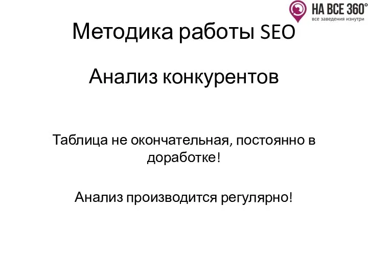 Методика работы SEO Анализ конкурентов Таблица не окончательная, постоянно в доработке! Анализ производится регулярно!