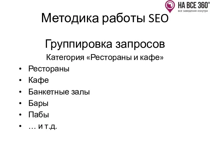 Методика работы SEO Группировка запросов Категория «Рестораны и кафе» Рестораны Кафе Банкетные