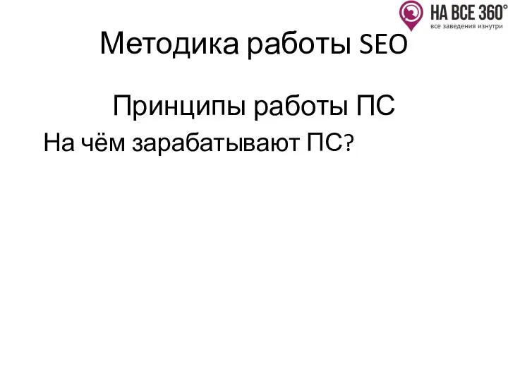 Методика работы SEO Принципы работы ПС На чём зарабатывают ПС?