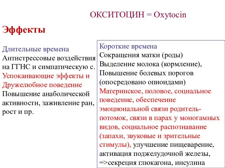 Эффекты Длительные времена Антистрессовые воздействия на ГГНС и симпатическую с. Успокаивающие эффекты